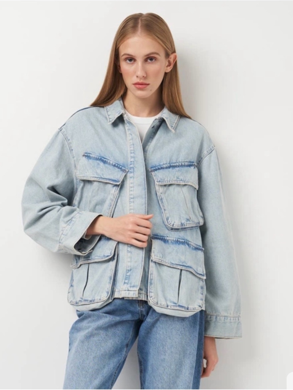Zara Faded Blue Denim Utility Jacket